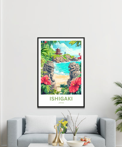 Ishigaki Travel Poster - Twin Shisa by the Sea