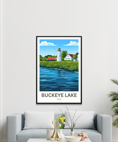 Buckeye Lake Travel Poster -  Iconic Lighthouse on the Lake