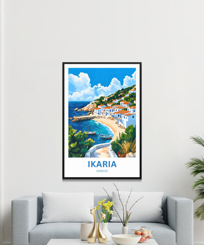 Ikaria Beach Travel Poster  - Whitewashed houses Coastal Life