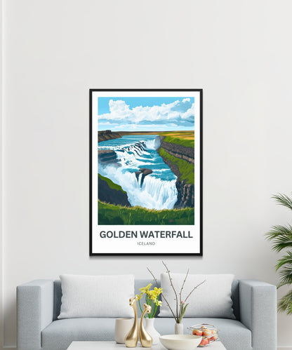 Golden Waterfall Travel Poster - Stunning View of Gullfoss Iceland