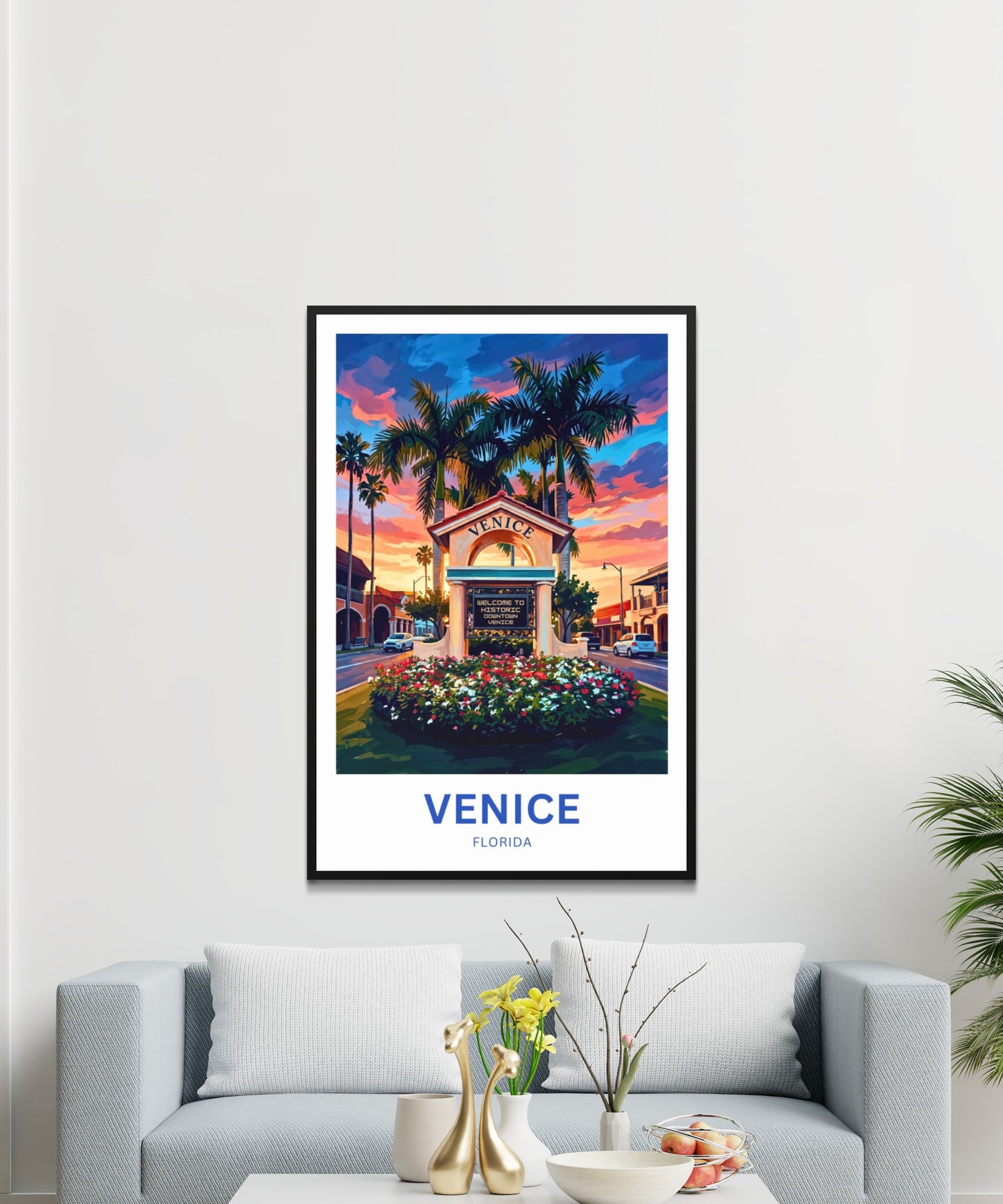 Venice, Florida Travel Poster - Evening Downtown Landmark