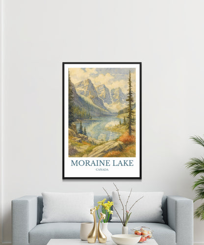 Moraine Lake, Watercolor design poster, Canada Print, Moraine Lake Wall Art