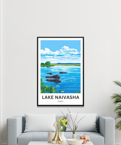 Lake Naivasha Travel Poster - Serene Lake and Hippos