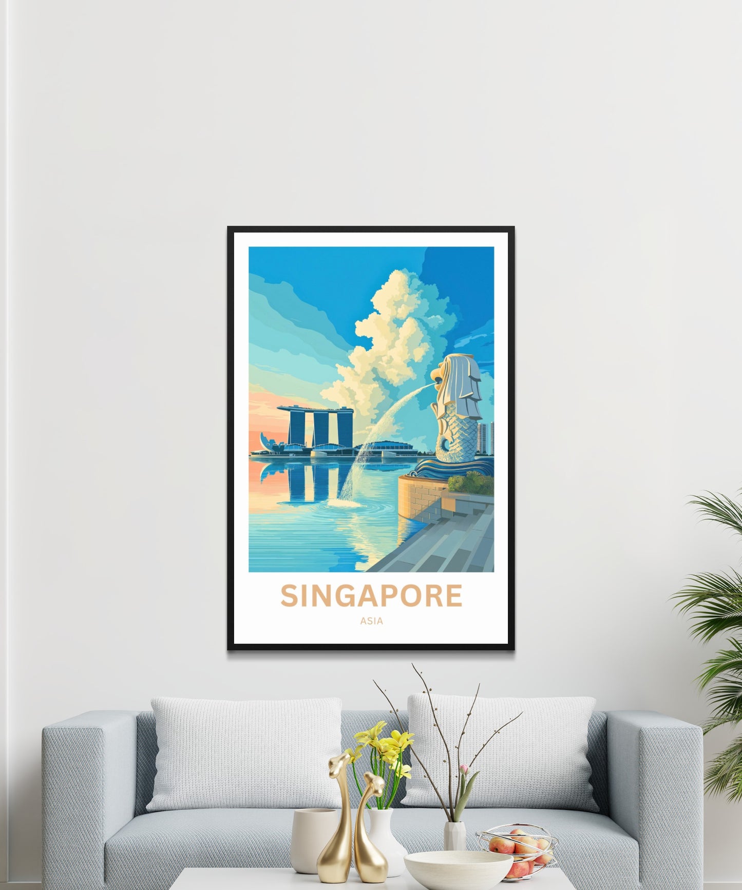 Singapore Travel Poster - Skyline & The Guardian of the Bay
