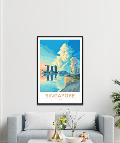 Singapore Travel Poster - Skyline & The Guardian of the Bay