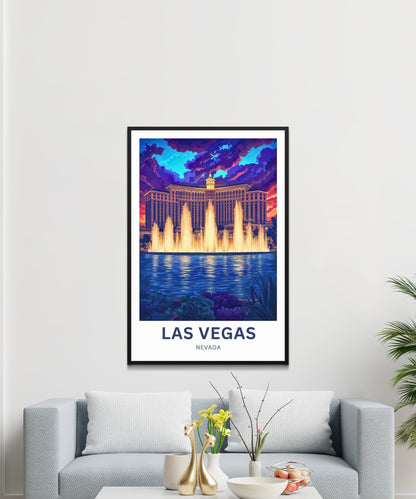 Las Vegas Travel Poster - Captivating Evening View of Bellagio fountains Nevada