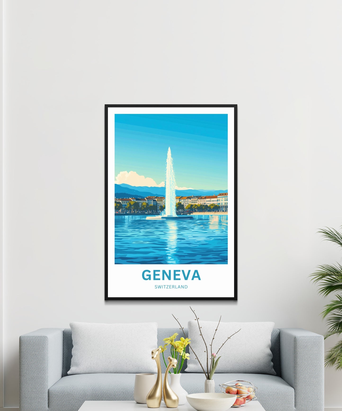 Geneva Travel Poster - Lake and Sky featuring Jet d'Eau rises