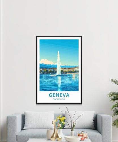 Geneva Travel Poster - Lake and Sky featuring Jet d'Eau rises