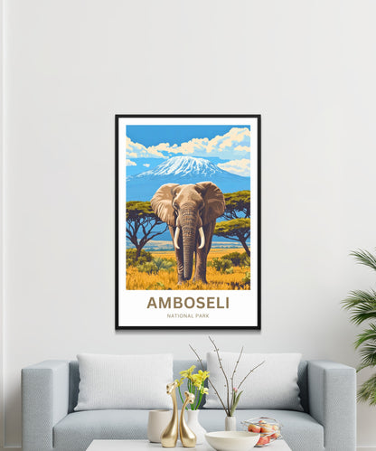 Amboseli National Park Travel Poster  - Stunning Elephant and Majestic Kilimanjaro View