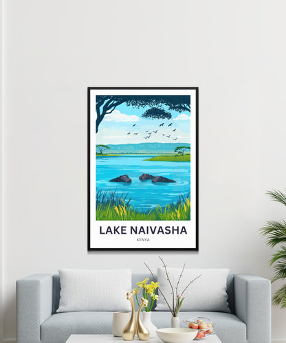 Lake Naivasha Travel Poster - Captivating Lake and Hippos