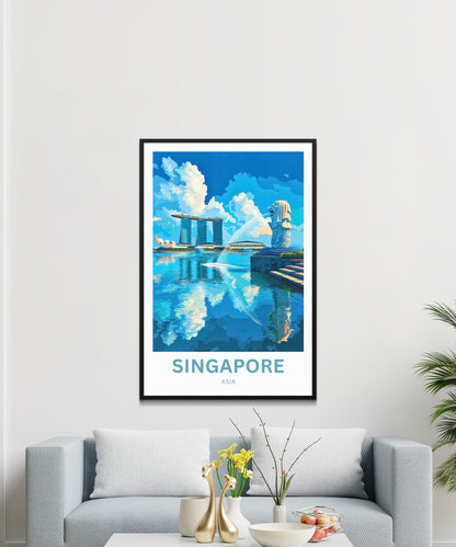 Singapore Travel Poster - Captivating View of  Watchful Merlion