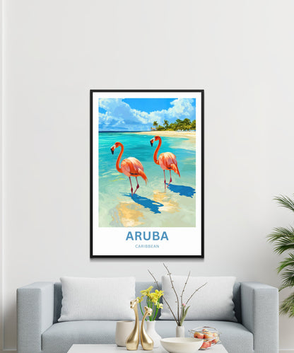 Aruba Travel Poster - Scenic Caribbean Beach View with Iconic Flamingos