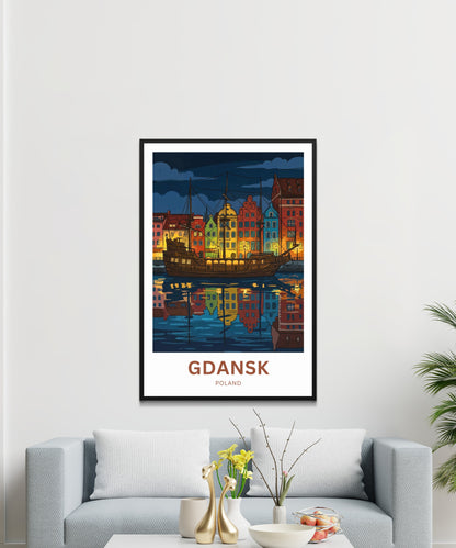Gdańsk  Travel Poster - Harbor lights at midnight