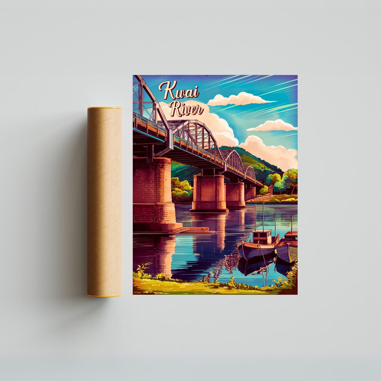 Kwai River Vintage Travel Poster -Kanchanaburi River Bridge