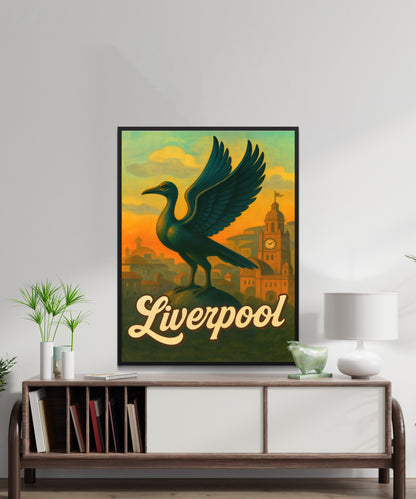 Liverpool Vintage Travel Poster - The Liver Birds, iconic symbols of Liverpool