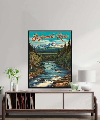 Skykomish River Vintage Travel Poster  - Charming River and Mountain Peak View Washington