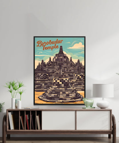 Borobudur Temple Vintage Travel Poster - Indonesia's Ancient Temple
