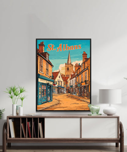 St. Albans Vintage Travel Poster - Charming Street Town View