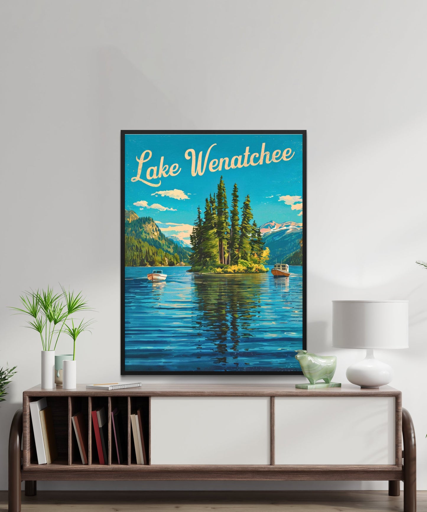 Lake Wenatchee Vintage Travel Poster - Captivating Serene Lake and Boats View Washington