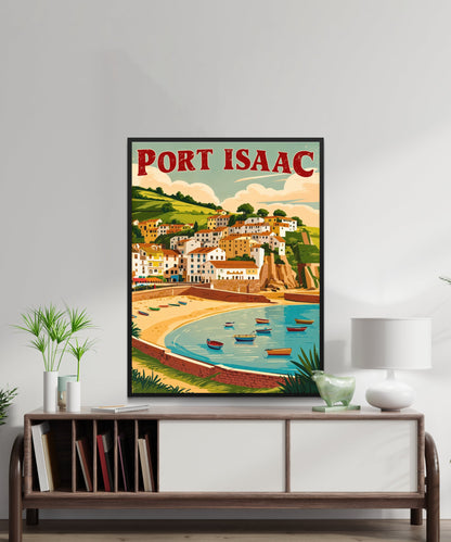 Port Isaac Vintage Travel Poster - England Coastal Village and Harbor View