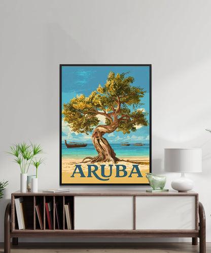 Aruba Vintage Travel Poster - Charming White Sandy Beach in Caribbean