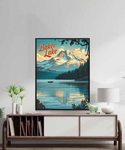 Baker Lake Vintage Travel Poster - Serene Lake and Stunning Glacial Mountain