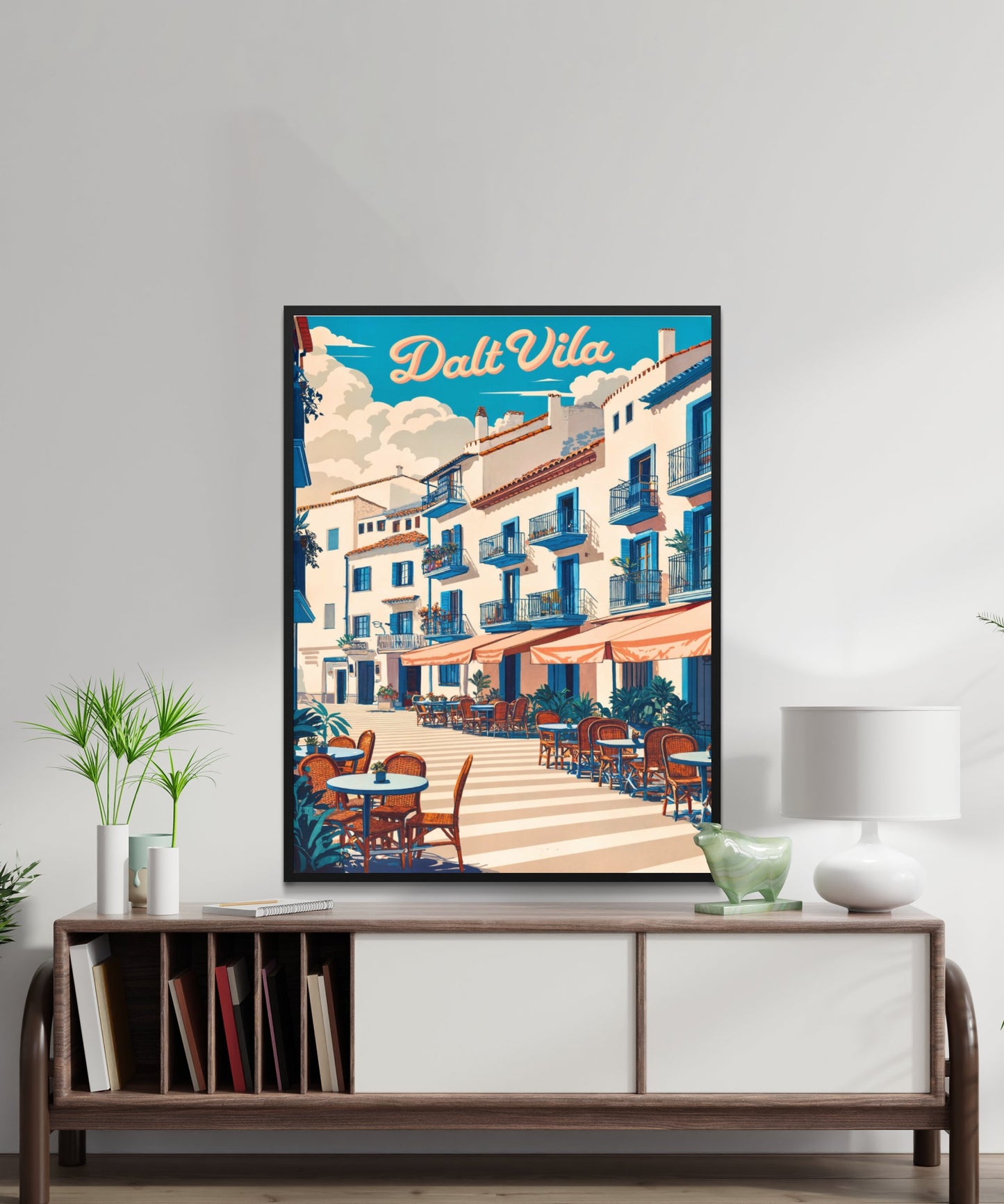Dalt Vila Vintage Travel Poster - Charming Street and Cafes in Ibiza