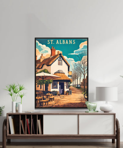 St. Albans Vintage Travel Poster - Charming Pub and Street View