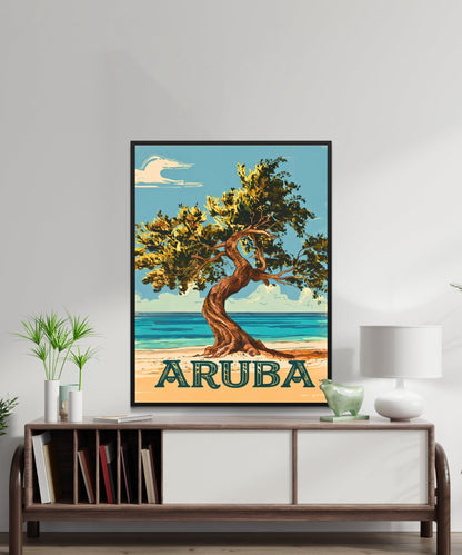 Aruba Vintage Travel Poster - Iconic Tree in Caribbean Island