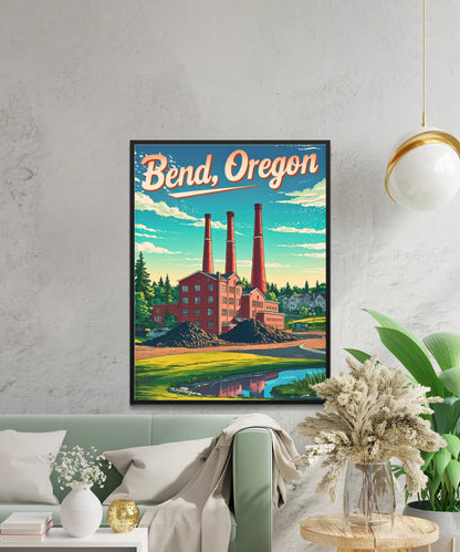 Bend Oregon Vintage Travel Poster - Riverfront Entertainment District