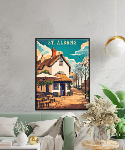 St. Albans Vintage Travel Poster - Charming Pub and Street View