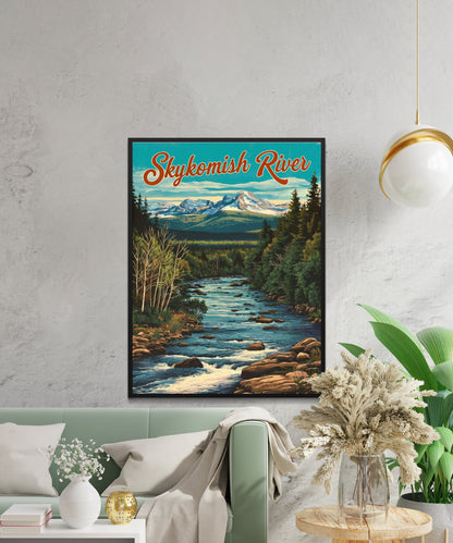 Skykomish River Vintage Travel Poster  - Charming River and Mountain Peak View Washington