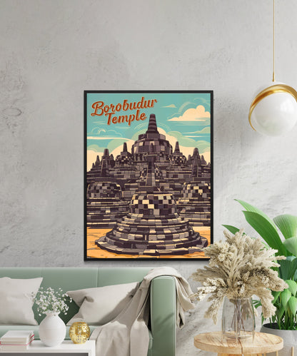 Borobudur Temple Vintage Travel Poster - Indonesia's Ancient Temple