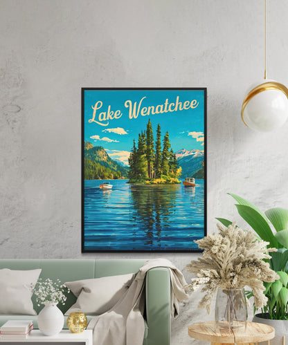 Lake Wenatchee Vintage Travel Poster - Captivating Serene Lake and Boats View Washington