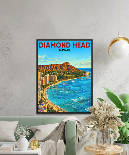 Diamond Head Vintage Travel Poster - Waikiki Hawaii