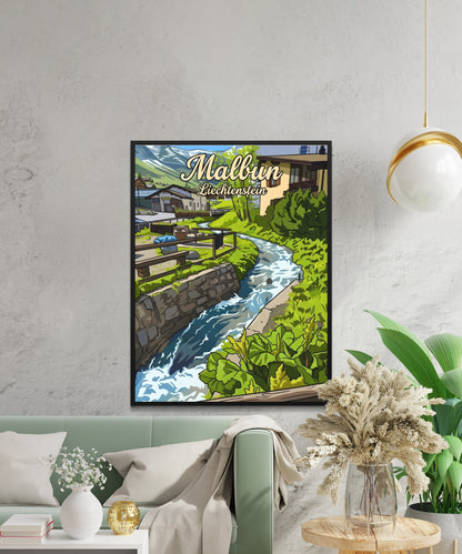 Malbun Vintage Travel Poster - Charming Village and its River