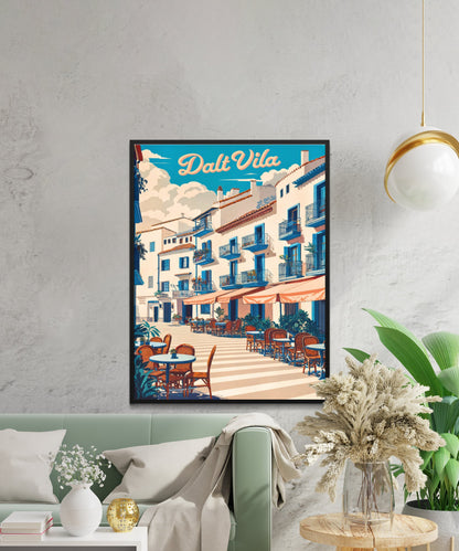 Dalt Vila Vintage Travel Poster - Charming Street and Cafes in Ibiza