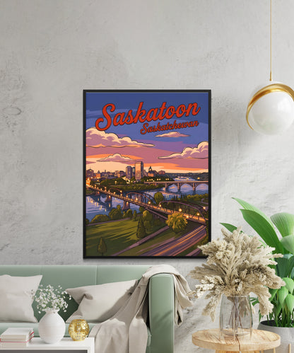 Saskatoon Vintage Travel Poster - Downtown Evening View