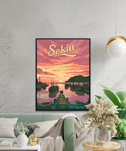 Sekiu Vintage Travel Poster - Captivating Sunset View of Washington Coast.