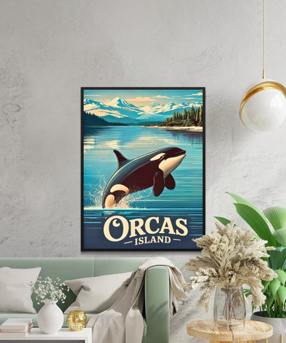 Orcas Island Vintage Travel Poster -  Whale Watching Waters