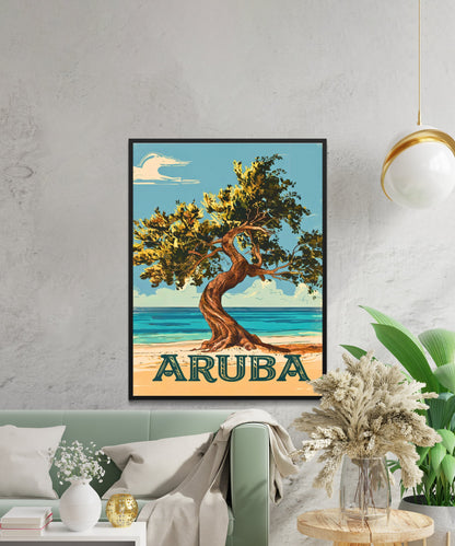 Aruba Vintage Travel Poster - Iconic Tree in Caribbean Island