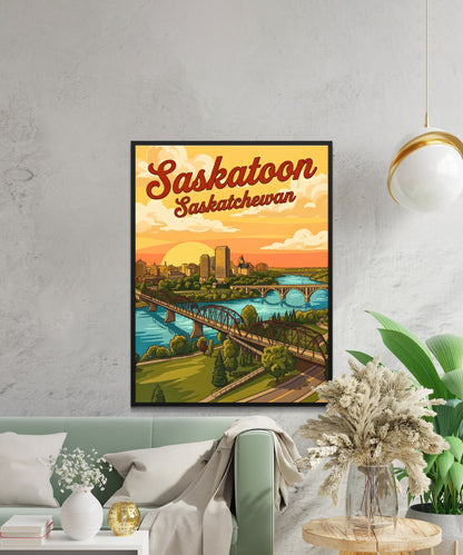 Saskatoon Vintage Travel Poster - River Sunset View