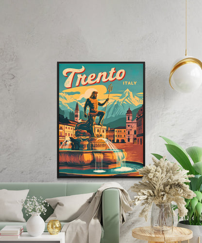 Trento Vintage Travel Poster - Fountain of Neptune