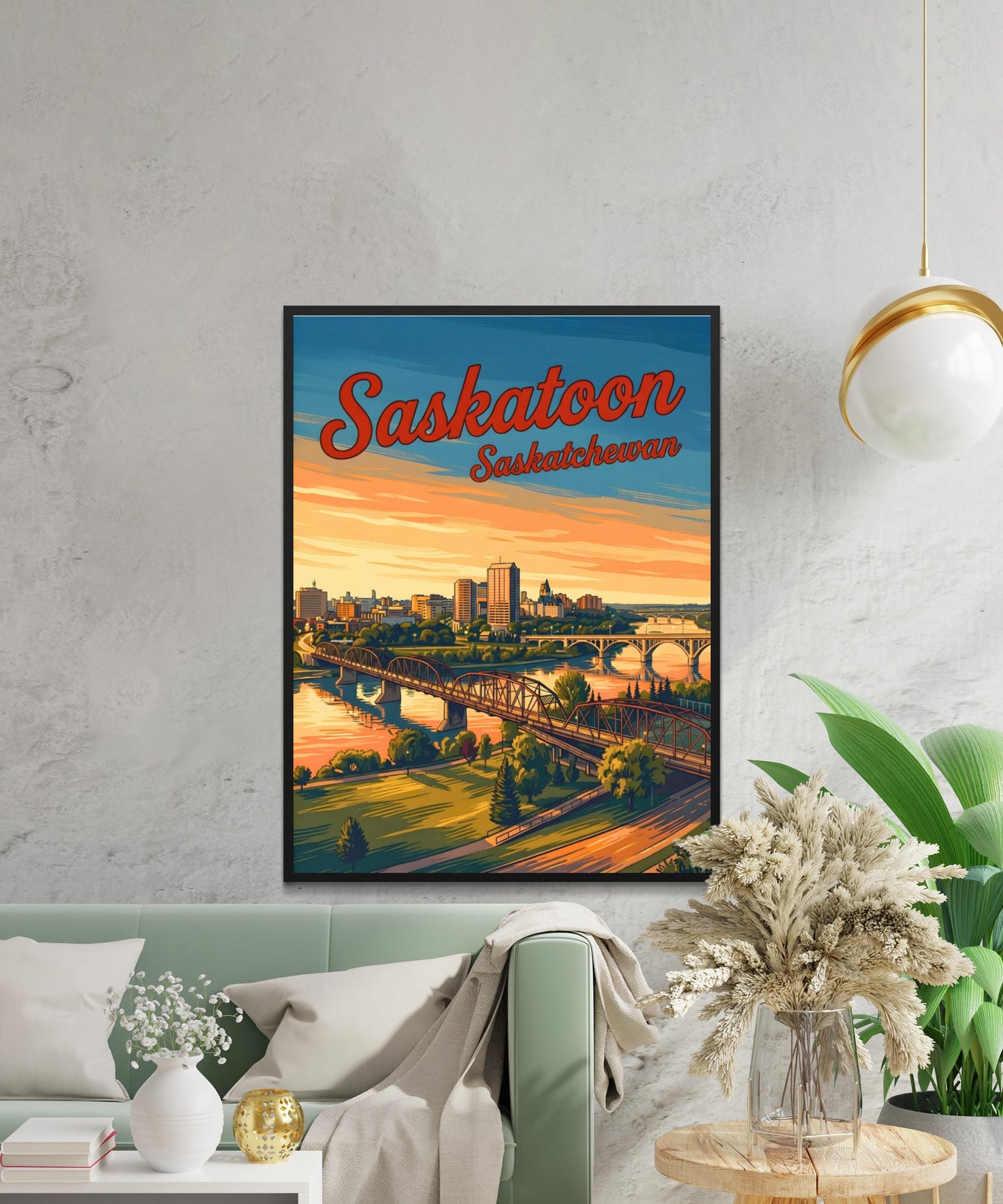 Saskatoon Vintage Travel Poster - Riverside City Sunset View