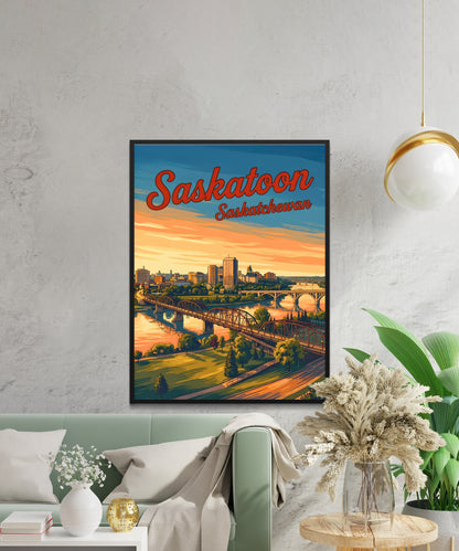 Saskatoon Vintage Travel Poster - Riverside City Sunset View
