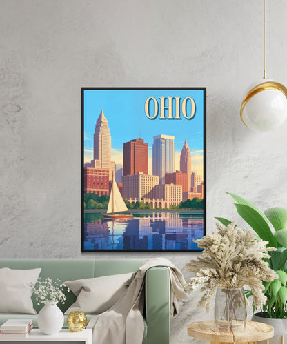 Ohio Vintage Travel Poster - Captivating Skyscrapers and  Waterfront View