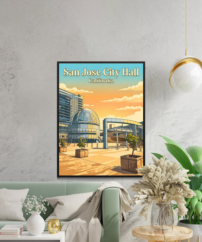 San Jose City Hall Vintage Travel Poster - Afternoon Glow