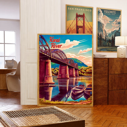 Kwai River Vintage Travel Poster -Iconic Bridge in Kanchanaburi