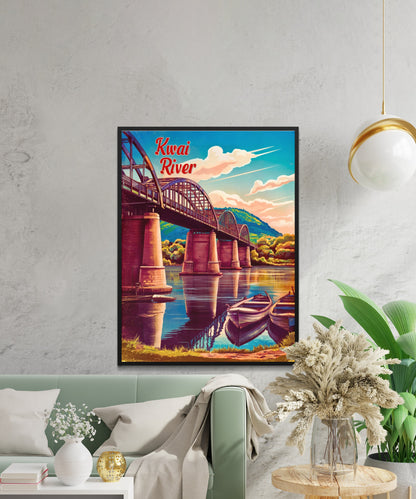 Kwai River Vintage Travel Poster -Iconic Bridge in Kanchanaburi