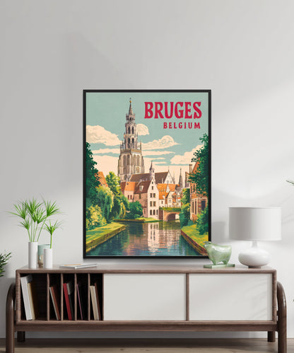 Bruges Vintage Travel Poster - Canals and Cobblestones